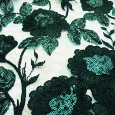 Ткань Сетка вышивка с пайетками (зеленый изумруд)